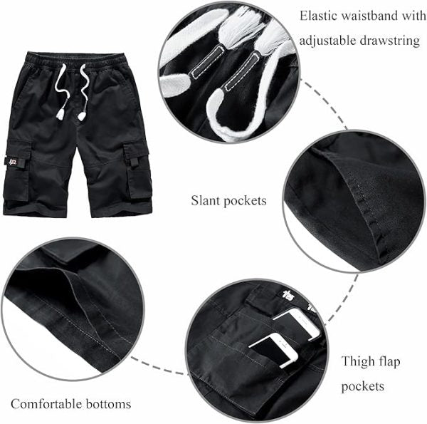 Men’s 8-Pocket Knee-Length Elastic Waist Cargo Shorts